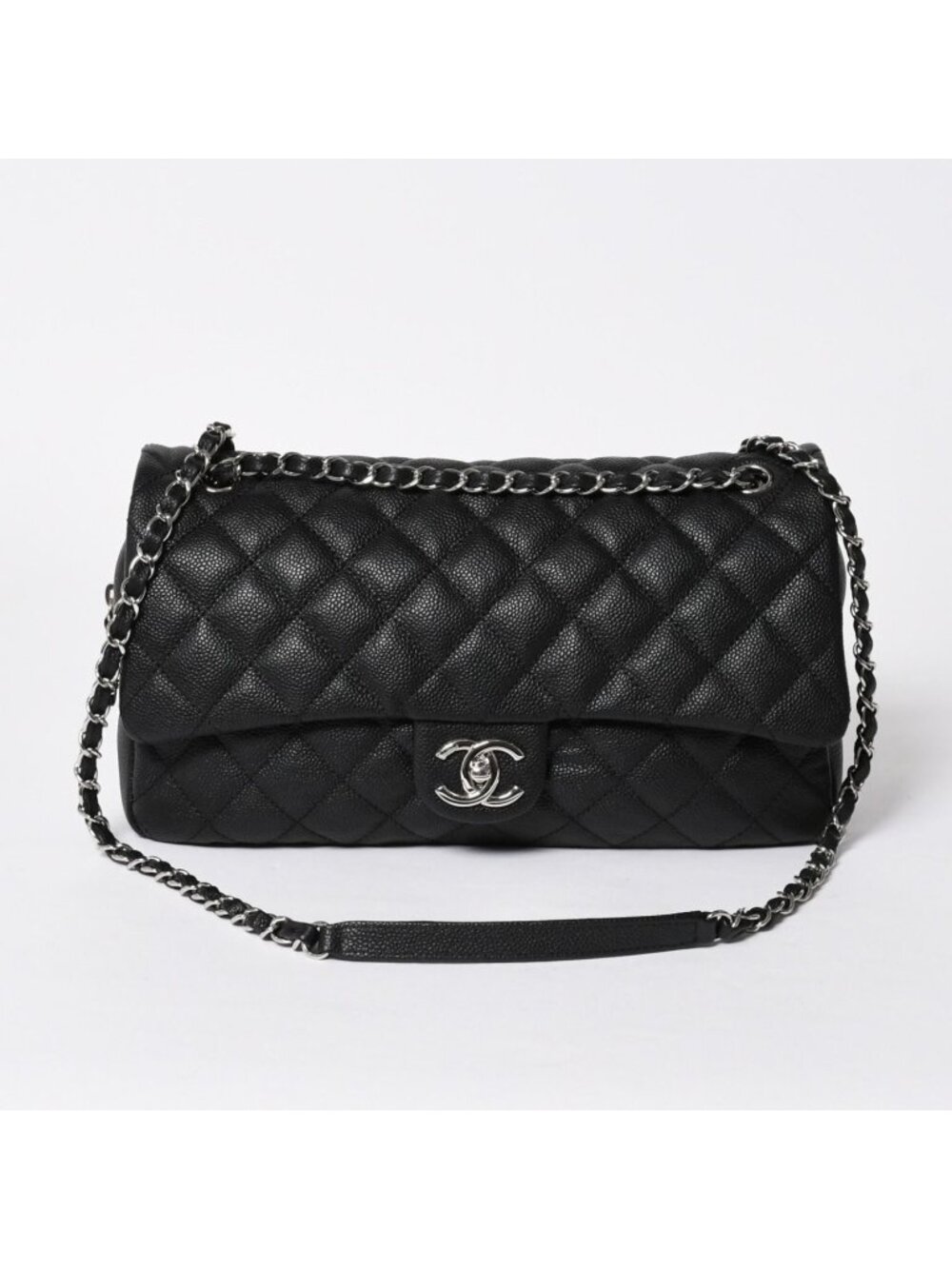 Chanel Maxi Quilted 30 Chain Shoulder Bag CC Logo Caviar Leather Black Silver